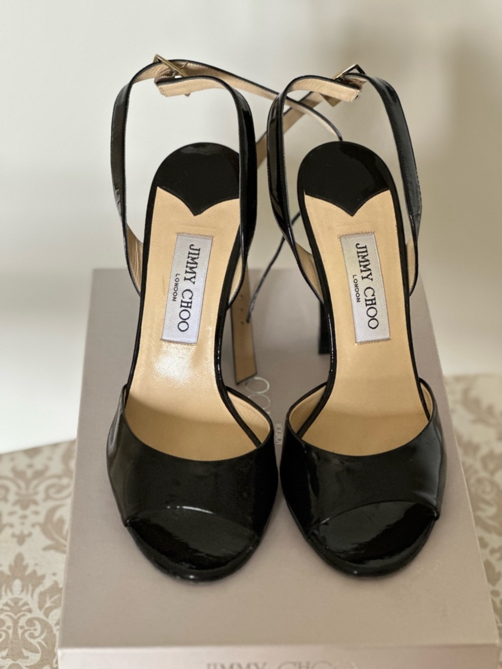⭐️SOLD⭐️ Jimmy Choo “Onix” Black Patent Leather Peep-Toe Ankle Strap Heels